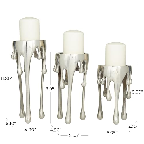 CosmoLiving by Cosmopolitan Aluminum Metal Abstract Decorative Candle Holder Melting Drip Candle Stand, Set of 3 Candlestick Holder 12", 10", 8"H, Silver - color: Silver