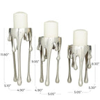 CosmoLiving by Cosmopolitan Aluminum Metal Abstract Decorative Candle Holder Melting Drip Candle Stand, Set of 3 Candlestick Holder 12", 10", 8"H, Silver - color: Silver