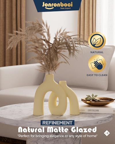 Hug Donut Decorative Vase Set - Beige Vase, Modern Nordic Boho Style Vases Home Decor, Matte Ceramic Decorations for Living Room Shelf, Bookshelf Mantle Entryway Table or Console Décor (Beige) - color: Beige