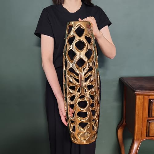Ceramic Vase Large Floor Vase Handmade Ceramic Flower Holder Hand Carved Sophisticated Vessel for Decorative Branches and Dried Flowers 24 Inches Gold