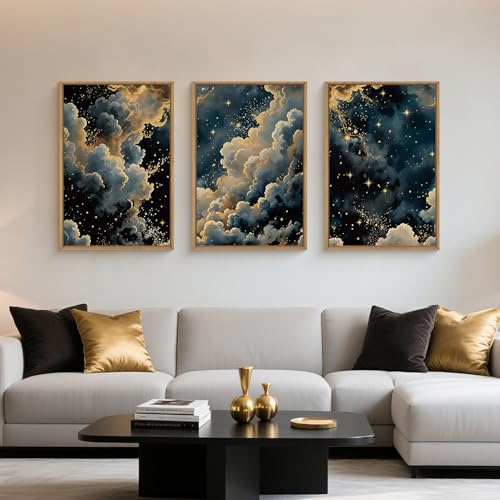 HPNIUB Dreamy Starry Night Sky Framed Wall Art Set,Moody Celestial Wall Decor,Modern Abstract Manimalist Gothic Printing,Natural Stars Illustrations Artwork for Living Room, Bedroom,Office-16''x24''x3 - color: Misty Starry Sky Wall Art, size: 16"L x 24"W