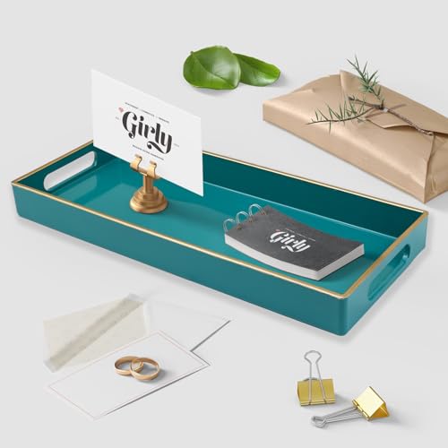 Green Bathroom Vanity Tray for Countertop, Small Plastic Toilet Tank Versatile Storage & Organization Tray for Makeup, Perfume, Desk, Kitchen, Candles, 13.7"x6"x1.4", 35GR - color: 15green