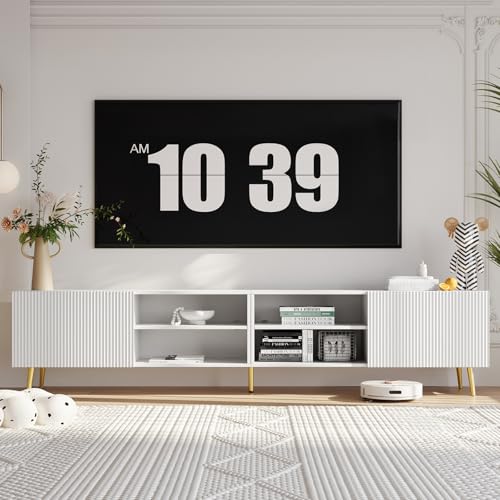 Modern 86in TV Stand for Living Room, Fluted Design Entertainment Center with Adjustable Shelves,Media TV Console Table with Storage for Bedroom,White - color: White