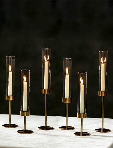 NUPTIO Hurricane Candle Holder for Centerpiece: Set of 6 Gold Taper Candle Holders Bulk - Tall Brass Candlestick Holders with Cylinder Shape Cover for Dinner Table Christmas Decor - size: 6 pcs