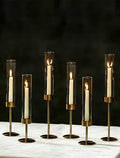 NUPTIO Hurricane Candle Holder for Centerpiece: Set of 6 Gold Taper Candle Holders Bulk - Tall Brass Candlestick Holders with Cylinder Shape Cover for Dinner Table Christmas Decor - size: 6 pcs