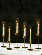 NUPTIO Hurricane Candle Holder for Centerpiece: Set of 6 Gold Taper Candle Holders Bulk - Tall Brass Candlestick Holders with Cylinder Shape Cover for Dinner Table Christmas Decor - size: 6 pcs