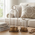 Metal Candle Holder with Handmade Glass Dome in Brass, 5" & 4" Wide Versatile Hurricane Glass Candle Holders Set of 2, for Pillar Candles & Plants (Brass)