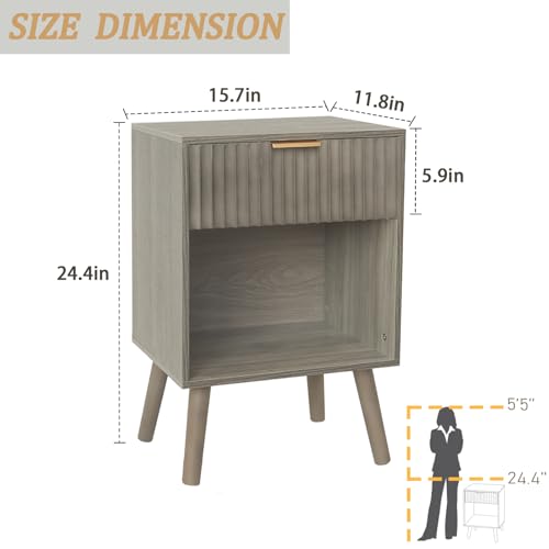 Fultyle Mid Century Modern Nightstand, Wood Bedside Table with Drawer and Opening Storage, End Table Living Room Fluted Night Stand with Solid Wood Legs for Bedroom (Grey) - color: Grey