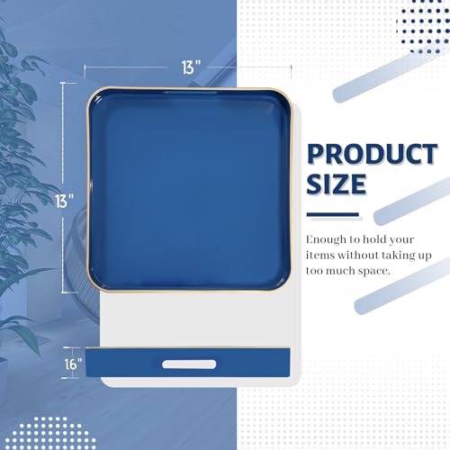 MAONAME 13" Navy Blue Decorative Tray, Serving Tray with Handles, Square Plastic Trays for Ottoman, Modern Coffee Table Trays for Living Room, Bathroom - color: Blue, size: 13" x 13" x 1.6"