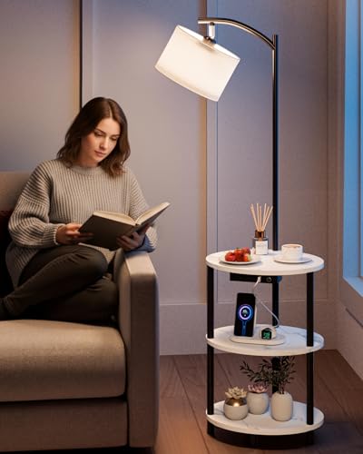 Round Side Table with Lamp and USB Ports, 3-Tier Small End Table for Living Room & Bedroom, Rustic Wood Metal Nightstand for Small Spaces, Easy to Assemble, Marble White - color: Marble White, size: 1-Pack, style: Built-in Charging + Lighting