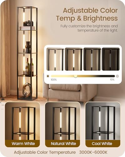 64.2" Display Shelf with Light, Modern Corner Floor Lamp with Shelves, 3000K-6000K LED Dimmable Standing Lamp with Remote for Living Room, Bedroom, Office, Adjustable CCT, Black Square B51LD05 - color: Black Square