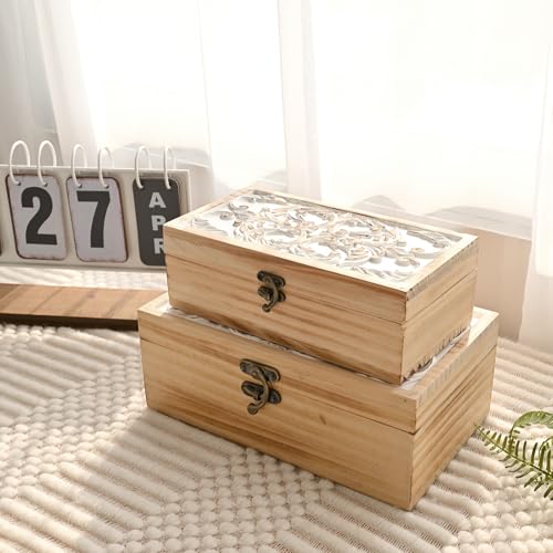 DECOR4SEASON Wooden Storage Box Set of 2 - Hand Carved Floral Decorative Boxes with Hinged Lids - Solid Pine Keepsake Organizer for Jewelry, Photos, and Rustic Farmhouse Home Décor - color: White&Brown, size: S&M