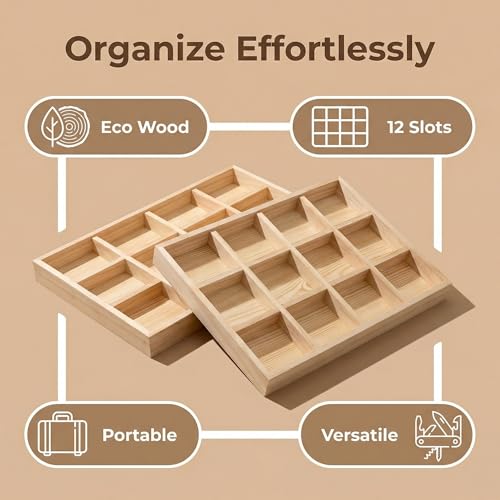 2 Pack Wooden Display Organizer Sorting Craft Tray Grid Display Divided Organizer for Bead Puzzle Card Crayons Sticker Trinket Organizing