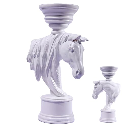 Horse Candle Holder 12 Inch – Rustic Equestrian Stallion Figurine for Farmhouse Table Centerpiece, Western Mantel Decor, Entryway Console Display, Resin Horse Statue with Pillar Candle Tray - color: Horse