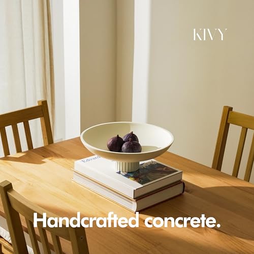 KIVY Concrete Fruit Bowl for Kitchen Counter - Large Decorative Pedestal Bowl for Home Decor - Modern Key Bowl for Entryway Table - White - color: Cream, style: Ribbed