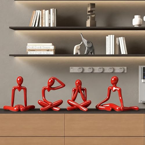 Abstract Thinker Statue Set of 4, Modern Home Decor for Shelves, Console Table & Entryway, Minimalist Neutral Aesthetic Figurines, Lightweight Safe Decor for Living Room & Office(red) - color: Red