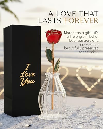 Forever Rose Bloom Box & Phantom Vase Combo, 24K Gold Trim Red Dipped Rose in a Personalized Gift Box That Says I Love You Embossed in Gold Foil, Unique & Everlasting Gift for Any Occasion - color: "I Love You" Red Rose Dipped Rose (Phantom Vase & Bloom B