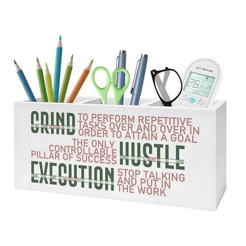 Motivational Office Pencil Pen Holder for Desk, Grind Hustle Execution Wooden Pencil Holder Organizer for Home Office Desk Accessories, Encouragement Gifts for Women - color: Color-Desk accessories white 16