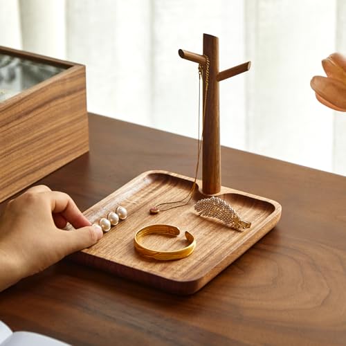 Solid Acacia Wood Key Tray and Bowl for Entryway Table - Jewelry Tray With 3 Hooks, Open Storage for Wallet, Glasses, Watches, Lipstick (Acacia, Square) - color: Acacia, size: Square