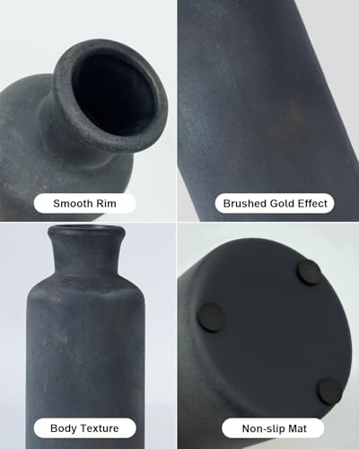 Black Ceramic Vases Set – Rustic Vintage Matte Decorative Flower Vases with Brushed Gold Effect for Home Decor, Living Room, Dining Table & Mantel Centerpieces - color: Black