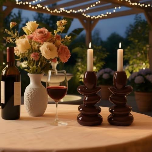 Faux Pebble Taper Candle Holders Set of 2, Modern Candlestick Holders for Table Centerpieces,Shelf Decor,Housewarming Gift, Fits 0.87'' Candles, Coffee Brown