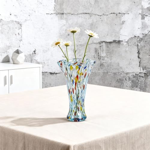 9.1H Murano Hand Blown Glass Vase, Ruffled Scalloped Rim Trumpet Shape, Wide Mouth Colorful Decorative Glass Vase, Sculptural Art Centerpiece for Living Room Table, Bathroom, Office Shelf (Blue-Red) - color: Blue-red