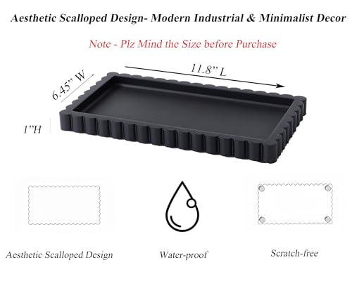 Scalloped Bathroom Vanity Tray for Countertop- Small Concrete Modern Industrial Minimalist Counter Vanity Organizer Tray for Dresser- Decorative Tray-11.8"L x 6.37"W x 1"H- Charcoal Black- Water-proof