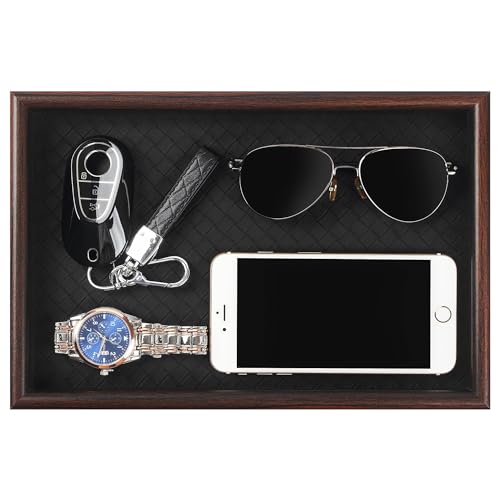 Zosenley Wooden Valet Tray with Leather Base - Nightstand Catchall Organizer for Cologne, Perfume, Keys, Wallet, Phone, Watch, Jewelry & Sunglasses (Black) - color: Black