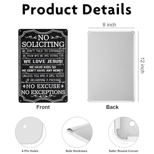 DZQUY No Soliciting Warning Sin No Excuses No Exceptions Metal Sign Vintage Art Tin Sign House Office Wall Decor Sign For Home Decor Go Away Sign 8x12 Inch