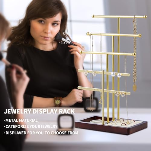 modern T-shaped jewelry rack, jewelry tower, gold metal, square ceramic base decoration display tower, necklace, bracelet, ring storage rack (3-layer wooden pallet black) - style: 3-layer wooden pallet black