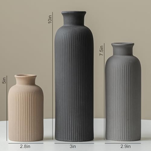 Modern Ceramic Vase Set, Black Ribbed Matte Design, 3-Piece Decorative Vases for Home, Living Room, Office (Black Mix) - color: Black Mix