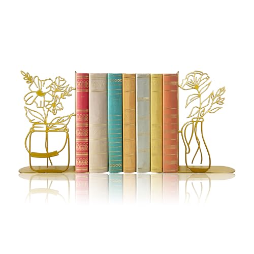 Metal Flower Vase Book Ends, Cute Book Ends for Office Home Decor Decorative Book Ends for Shelves, Ideal Gift for Book Lovers(Gold) - color: Gold