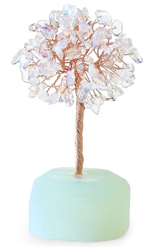 QINJIEJIE Opal Healing Crystals Tree of Life Decor - Natural Crystal Stone Reiki Gemstone White Opalite Base Copper Wire Home Office Decorations Spiritual Feng Shui Gift - color: Opal, size: 5.2 in