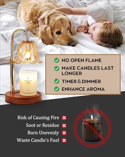 Funistree Candle Warmer Lamp, Gold Candle Lamp Warmer with Timer & Dimmer with 2 Bulbs, Mothers Day Birthday Gifts for Women Mom, House Warming Gift New Home Bedroom Decor, Height Adjustable - color: Daffodil