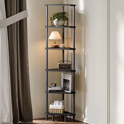 6 Tier Corner Shelf, 66.5'' Tall Standing Shelf, Narrow Display Shelf Stand, Modern Corner Bookshelf, Plant Stand, Corner Bookcase for Living Room, Bedroom, Bathroom, Black LCS502B - color: Black