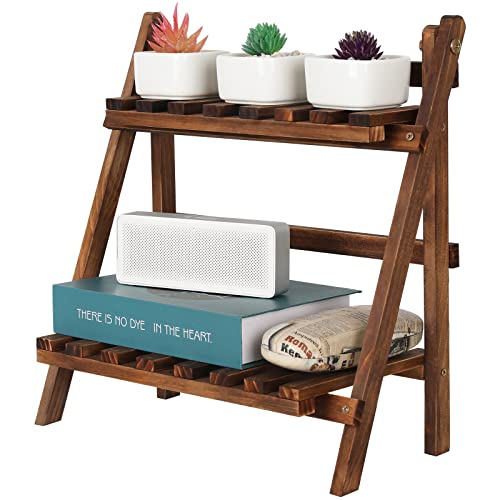 Jotsport 2 Tier Tabletop Plant Stand Step Style Desktop Storage Organizer Wood Display Shelf Decorative Storage Rack, Foldable Small Plant Shelf - color: Carbonized