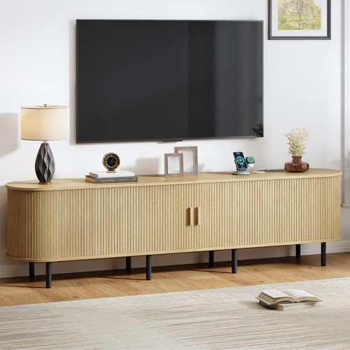 86.6" TV Stand with Power Outlet, Mid-Century Modern Television Stand, Fluted Media Console with Sliding Doors, Entertainment Center for TVs up to 90 Inch, Adjustable Shelves, Oak - color: Oak, size: 86.6 Inch