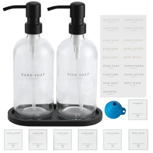 Glass Soap Dispenser - Dish Hand Soap Dispenser for Kitchen, Bathroom Soap Lotion Dispenser with 304 Rust Proof Pump, Tray, Clear Bottle/Black Pump - color: Clear Bottle/Black Pump + Tray + Funnel