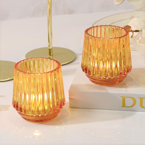 SHOHAYTO Large Amber Glass Votive Candle Holders Set of 6, Ribbed Tealight Holders for Votives, Floating Candles Table Centerpieces Wedding Home Decor - color: Amber
