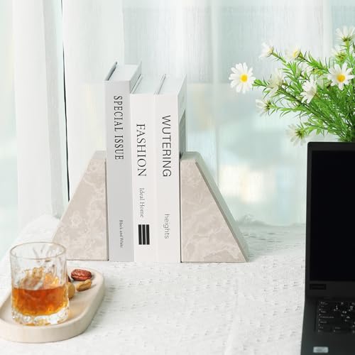 Marble Bookends for Heavy Books, Decorative Book Ends for Shelves, Durable and Heavy-Duty Bookends for Hardback Book & CDS, Off-White Unique Books Stopper & Holder, Set of 2 - color: Travertine Off-white
