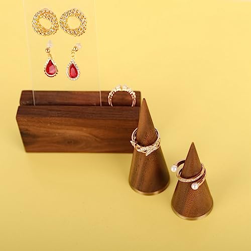 GemeShou wood ring holder for jewelry, 2pcs ring display stand with brass base, walnut ring cone stands for jewelry selling【Ring holder-2pcs】