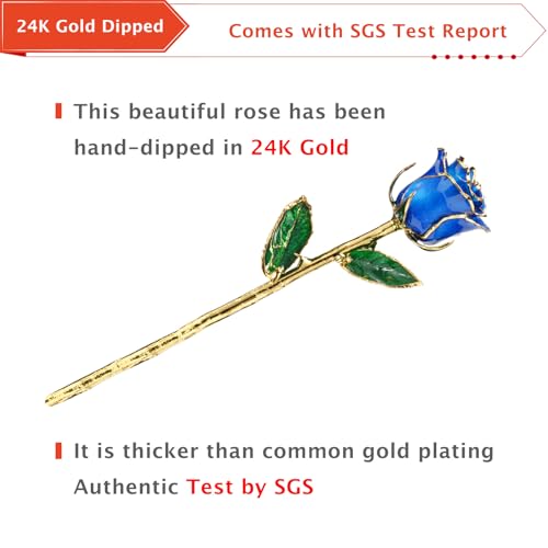 AliveRose Dipped 24k Gold Rose, 24K Gold Rose Made from Real Rose - Unique Design 24K Dipped Rose for Anniversary Valentines Mothers Day Birthday Gifts (Blue Original Rose with Crystal Vase) - color: 2. Blue Original Rose With Crystal Vase
