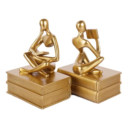 Reading Figurine Book Ends Book Lovers Gifts for Bookshelf Decorations for Readers, Graduates, Students, Teachers, Sculpture Home Decor for Shelves Desk Office Living Room (Gold) - color: Gold