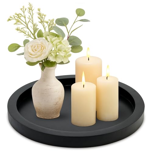 Round Decorative Tray for Coffee Dining Table Countertop Small Wooden Serving Trays Farmhouse Kitchen Home Living Room Decor and Bathroom Accessories Tray Black Rustic Wood Candle Centerpiece Trays - color: Black, size: 11"