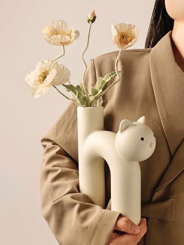 Minimalist Cat-Shaped Ceramic - Unique Animal Flower Vase for Home Decor, Modern Matte Finish Decorative Vase for Living Room, Bedroom, Office, Shelf, Table Centerpiece