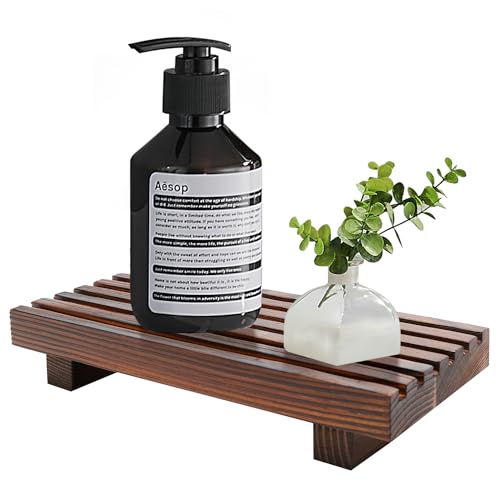 Renawe Small Kitchen Sink Soap Tray for Counter Soap Dish Dispenser Holder Wooden Risers Stand for Bathroom Decor Farmhouse Wood Pedestal Kitchen Accessories Countertop Vanity Counter Decorative Tray - color: Brown, size: 8.7x4 inch