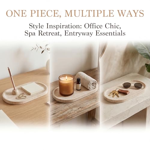 Natural Italian Travertine Tray Oval Decorative Marble Vanity Tray for Bathroom Countertop Hand-Polished Organizer for Kitchen Soap Jewelry Coffee Table Beige (11.8X5.9 Inch)
