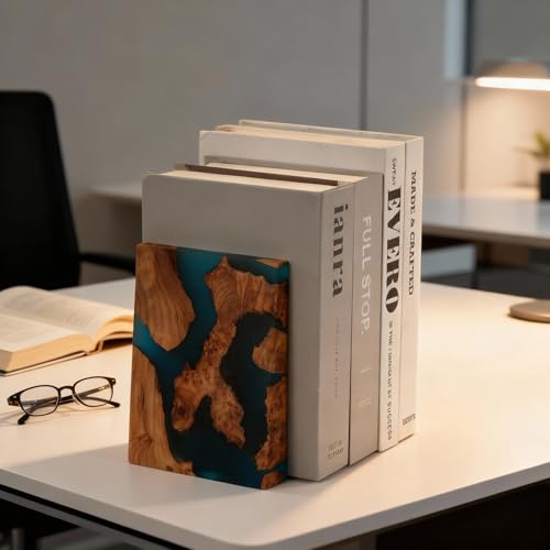 Glow in The Dark Bookends, Wood Bookends for Shelves,Blue Luminous Book Ends with Burl Wood and Resin,Decorative Book Stopper Binder and Dividers, Blue, Large,Unique Desk Decor for Home Office Library - color: Blue