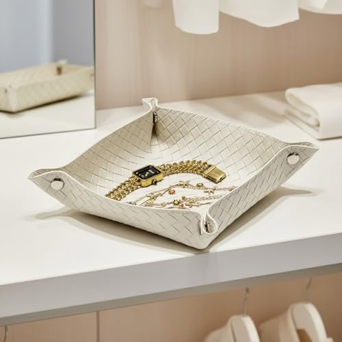 UnionBasic Small Jewelry Tray for Rings Watches Earrings, Entryway Catchall Caddy for Coins Keys Change, Nightstand Bedside Valet Holder, Trays for Electronic Gadgets, Woven Beige - color: Woven Beige, size: 5.4" x 5.4" x 1.6"