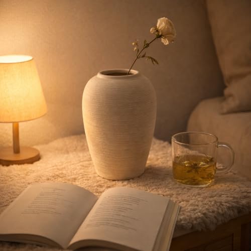 Beige Textured Ceramic Vase (9.8in Tall) - Boho Minimalist Rustic Vase with 3.4in Opening, Neutral Home Decor Vase for Fresh/Dried Flowers, Living Roo - size: 9.8in